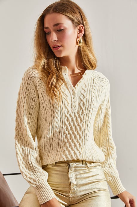 Textured Knitwear Trui met Knopkraag - Image 1