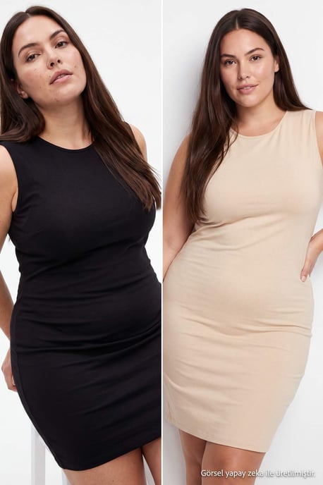 Trendyol Curve Dames Zwart Effen Midi Mouwloos Shift-model Grote maten Jurk - Image 1