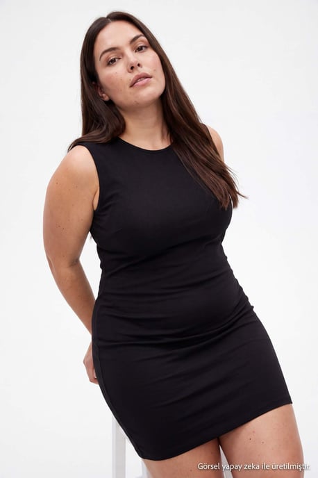 Trendyol Curve Dames Zwart Effen Midi Mouwloos Shift-model Grote maten Jurk - Image 3