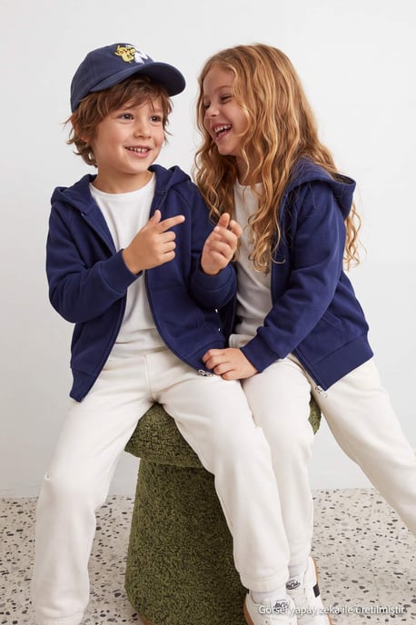 TRENDYOLKIDS Meisjes Donkerblauw Effen Lang, Regular fit Sweatshirts - Image 1