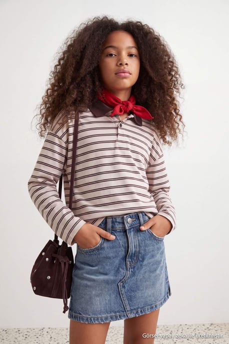 TRENDYOLKIDS Meisjes Bruin Gestreept Lang, Regular fit Sweatshirts - Image 1