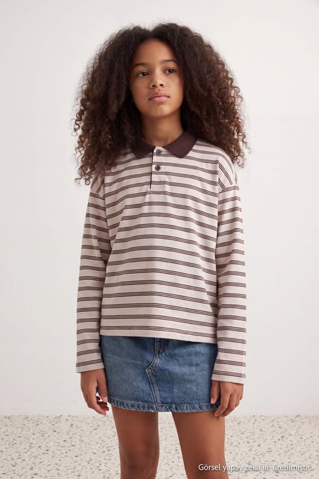 TRENDYOLKIDS Meisjes Bruin Gestreept Lang, Regular fit Sweatshirts - Image 2