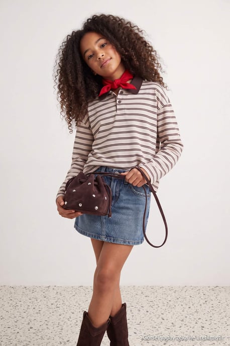 TRENDYOLKIDS Meisjes Bruin Gestreept Lang, Regular fit Sweatshirts - Image 6