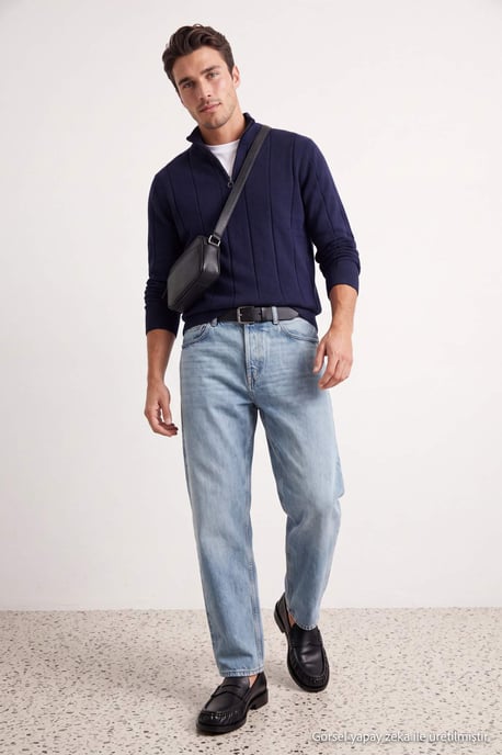TRENDYOL MAN Heren Donkerblauw Gestreept Lang, Regular fit Truien - Image 2