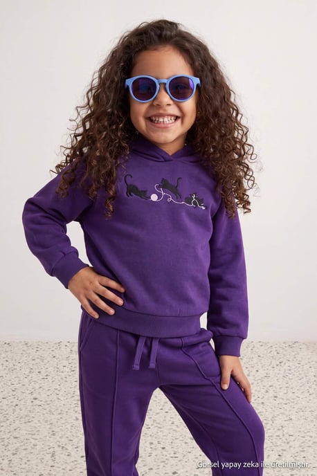 TRENDYOLKIDS Meisjes Paars Effen Lang, Regular fit Tweedelig Sets - Image 6