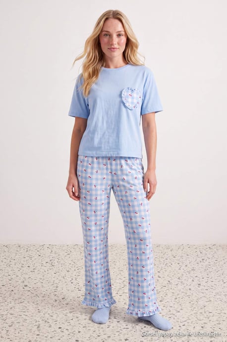 TRENDYOLMİLLA Dames 2-pack Wit Geruit Kort Loungewear Regular fit Pyjama- Sets - Image 2