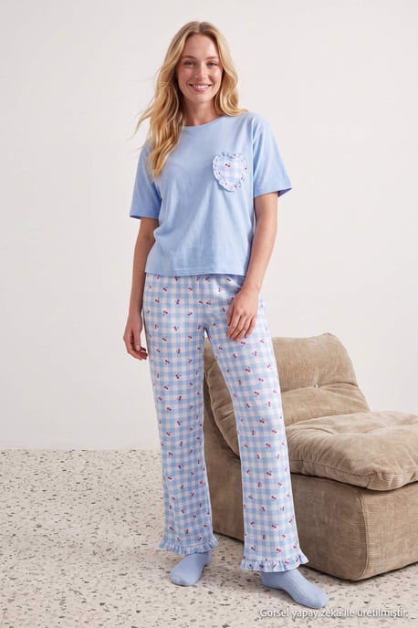 TRENDYOLMİLLA Dames 2-pack Wit Geruit Kort Loungewear Regular fit Pyjama- Sets - Image 3