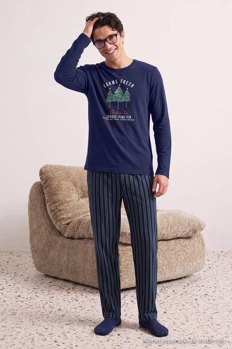 TRENDYOL MAN Heren Donkerblauw Kerst- Lang, Regular fit Pyjama- Sets - Image 1
