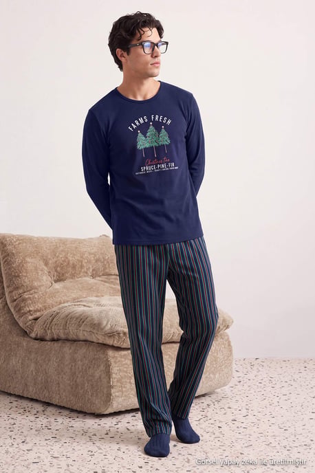 TRENDYOL MAN Heren Donkerblauw Kerst- Lang, Regular fit Pyjama- Sets - Image 2