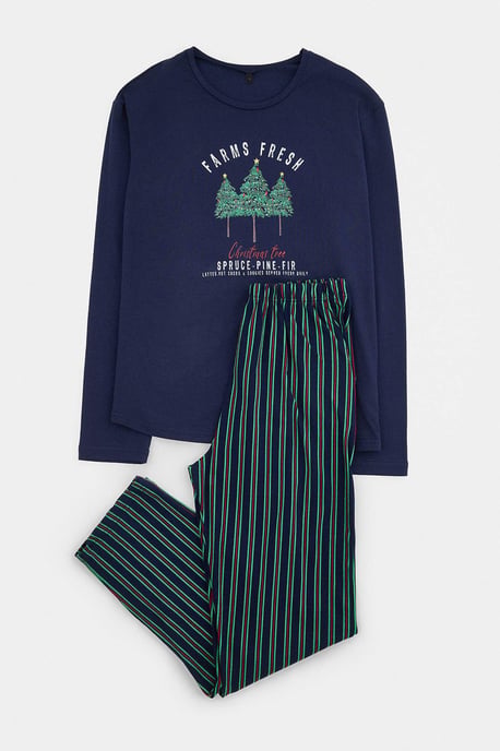 TRENDYOL MAN Heren Donkerblauw Kerst- Lang, Regular fit Pyjama- Sets - Image 3
