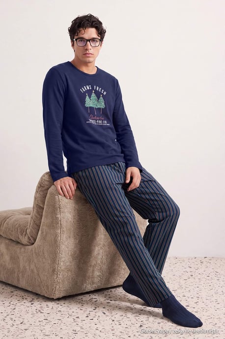 TRENDYOL MAN Heren Donkerblauw Kerst- Lang, Regular fit Pyjama- Sets - Image 6