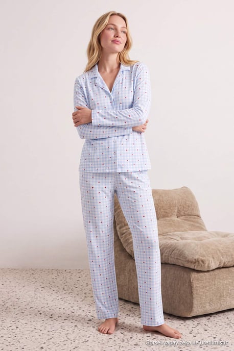 TRENDYOLMİLLA Dames 2-pack Blauw Met grafische print Lang, Regular fit Pyjama- Sets - Image 2