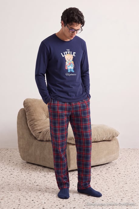 TRENDYOL MAN Heren Donkerblauw Geruit Lang, Regular fit Pyjama- Sets - Image 1