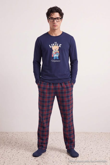 TRENDYOL MAN Heren Donkerblauw Geruit Lang, Regular fit Pyjama- Sets - Image 2