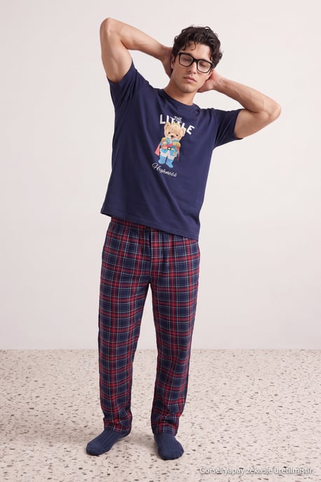 TRENDYOL MAN Heren Donkerblauw Geruit Lang, Regular fit Pyjama- Sets - Image 6