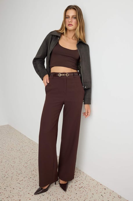TRENDYOLMİLLA Dames Bruin Effen Wijde pijp Normale taille Broeken - Image 4