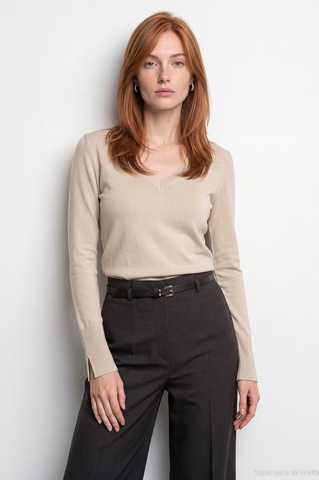 Vrouwen V-hals Gebreide Trui Met Zijspleet - Image 1