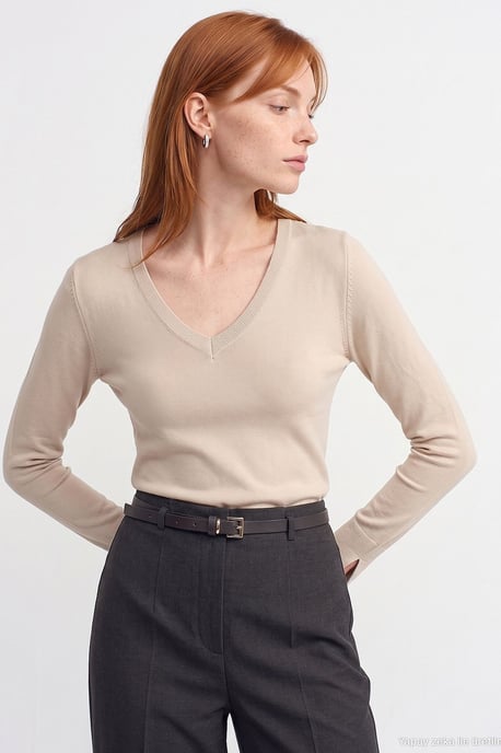 Vrouwen V-hals Gebreide Trui Met Zijspleet - Image 3