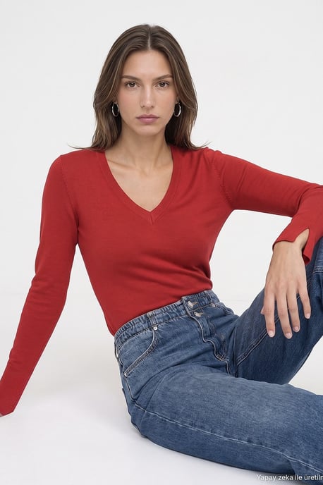 Vrouwen V-hals Gebreide Trui Met Zijspleet - Image 1