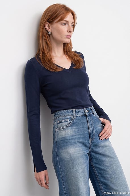 Vrouwen V-hals Gebreide Trui Met Zijspleet - Image 3
