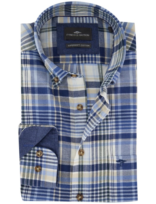 Fynch-Hatton overhemd ml 5 blauw geruit flanel - Image 1