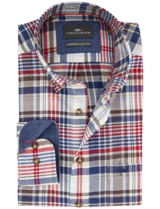 Fynch-Hatton overhemd ml 5 blauw rood geruit flanel - Image 1