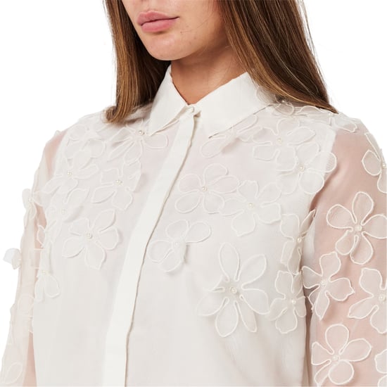 French Connection Dames-shirt met bloemenprint, 3D-effect en lange mouwen (Wit) - Image 4
