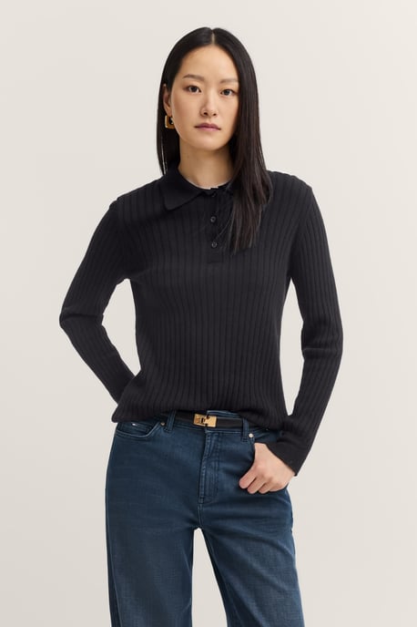 Bugatti Damen Gebreide polo met lange mouwen van geribt breisel met knoopsluiting - Image 1