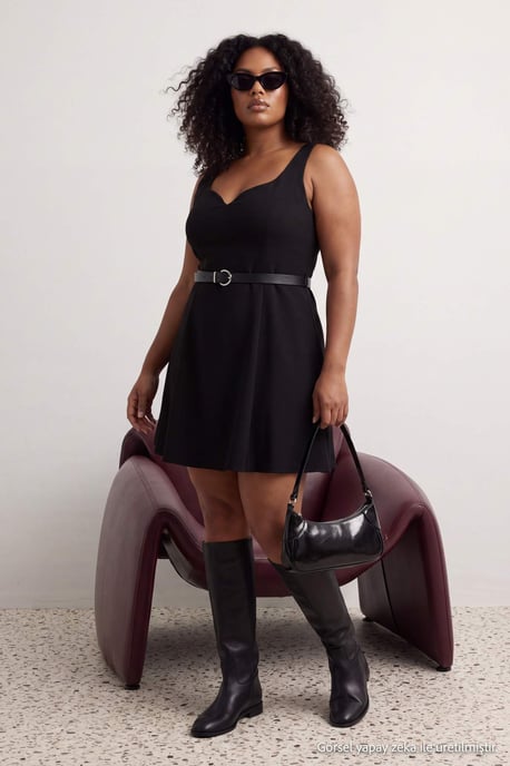Trendyol Curve Dames Zwart Effen Kort / Mini Mouwloos Skater Grote maten Jurk - Image 1