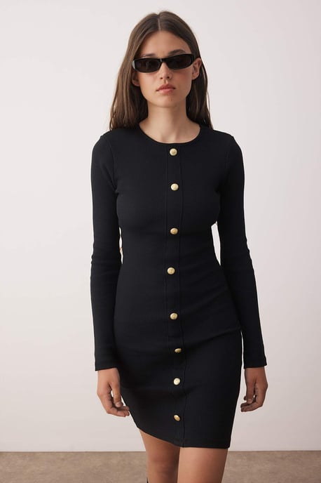 TRENDYOLMİLLA Dames Zwart Effen Kort / Mini Lang Casual Bodycon Jurken - Image 4