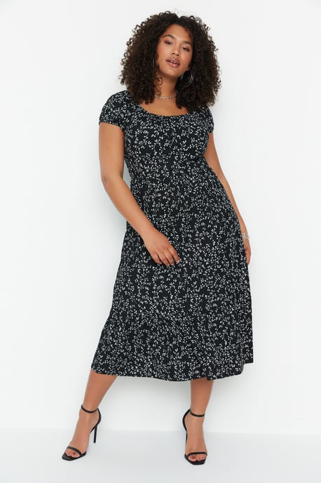 Trendyol Curve Dames Zwart Bloemen Maxi Kort Stijlvol/Avond A-lijn Grote maten Jurk - Image 2