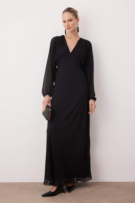 TRENDYOLMİLLA Dames Zwart Effen Maxi Lang Cocktail A-lijn Avond & Gala Jurk - Image 4