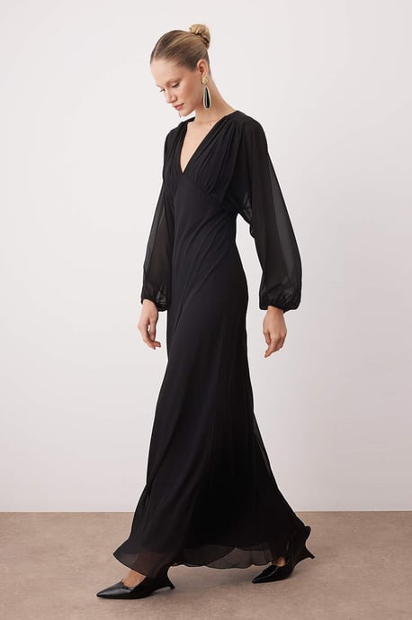 TRENDYOLMİLLA Dames Zwart Effen Maxi Lang Cocktail A-lijn Avond & Gala Jurk - Image 5