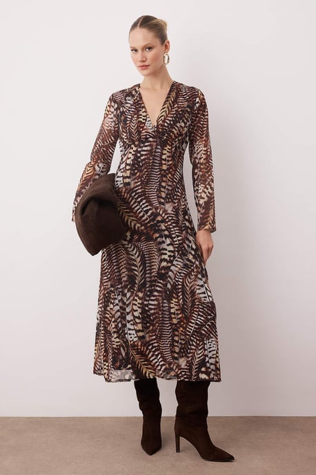 TRENDYOLMİLLA Dames Bruin Paisley Maxi Lang Avond / Dagelijks A-lijn Jurken - Image 1