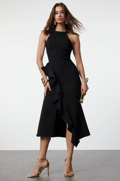 TRENDYOLMİLLA Dames Zwart Effen Midi Mouwloos Stijlvol/Avond Asymmetrisch Jurken - Image 1