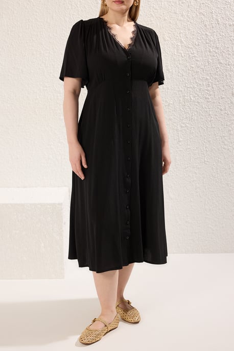 Trendyol Curve Dames Zwart Effen Midi Kort Casual A-lijn Grote maten Jurk - Image 2
