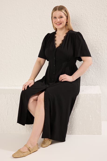 Trendyol Curve Dames Zwart Effen Midi Kort Casual A-lijn Grote maten Jurk - Image 5