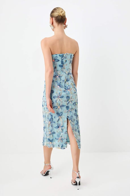 TRENDYOLMİLLA Dames Blauw Bloemen Midi Mouwloos Recht Jurken - Image 3