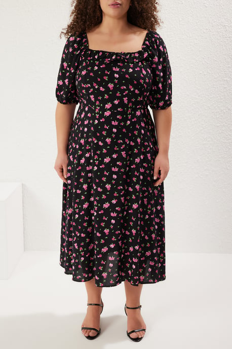 Trendyol Curve Dames Zwart Stippen Midi Kort Casual A-lijn Grote maten Jurk - Image 2