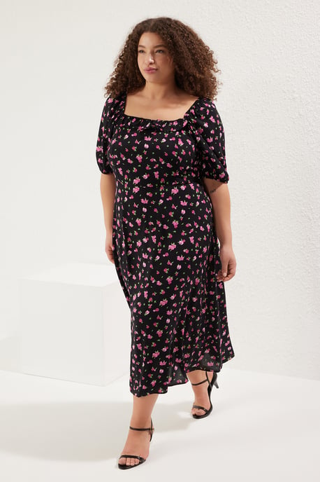 Trendyol Curve Dames Zwart Stippen Midi Kort Casual A-lijn Grote maten Jurk - Image 6