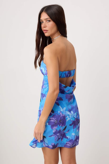 TRENDYOLMİLLA Dames Blauw Bloemen Kort / Mini Mouwloos Bodycon Jurken - Image 3