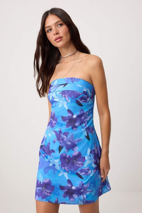 TRENDYOLMİLLA Dames Blauw Bloemen Kort / Mini Mouwloos Bodycon Jurken - Image 4