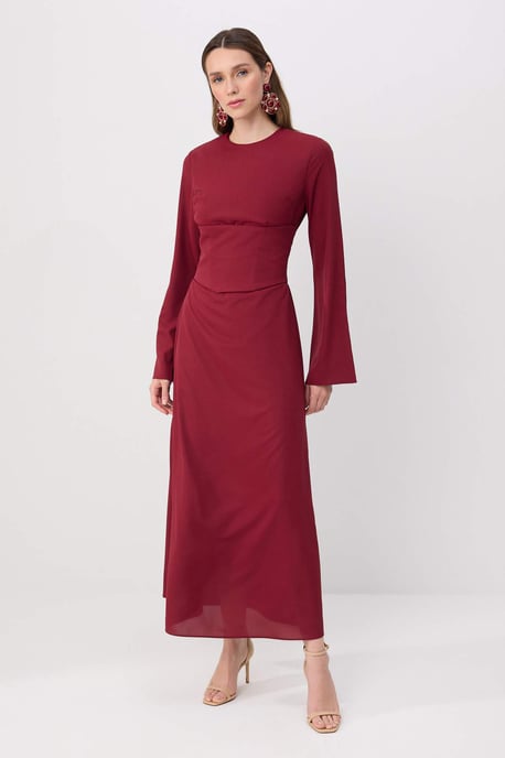 Trendyol Modest Dames Bordeaux Effen Maxi Lang Stijlvol/Avond Skater Modest Avond Jurken - Image 1