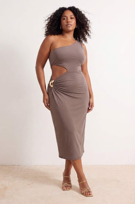 Trendyol Curve Dames Beige Effen Midi Mouwloos Bodycon Grote maten Jurk - Image 1