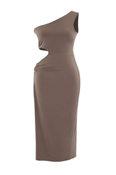 Trendyol Curve Dames Beige Effen Midi Mouwloos Bodycon Grote maten Jurk - Image 3