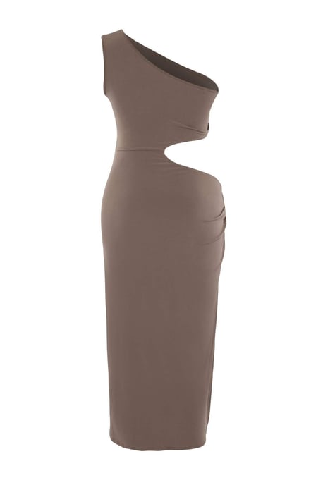 Trendyol Curve Dames Beige Effen Midi Mouwloos Bodycon Grote maten Jurk - Image 5