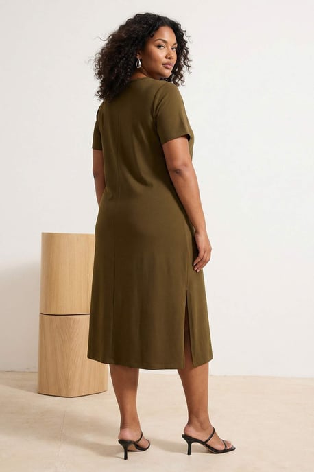 Trendyol Curve Dames Kaki Effen Midi Kort Casual Recht Grote maten Jurk - Image 5