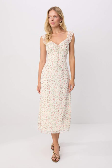 TRENDYOLMİLLA Dames Ecru Bloemen Midi Mouwloos Avond / Dagelijks A-lijn Jurken - Image 1