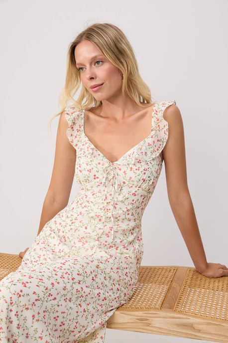 TRENDYOLMİLLA Dames Ecru Bloemen Midi Mouwloos Avond / Dagelijks A-lijn Jurken - Image 4