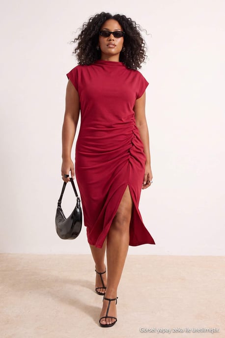 Trendyol Curve Dames Bordeaux Effen Midi Mouwloos Feest Bodycon Grote maten Jurk - Image 1